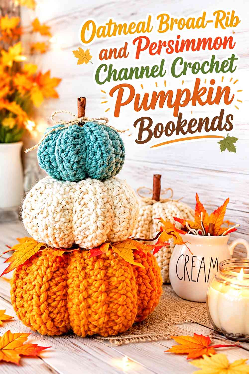 Oatmeal Broad-Rib and Persimmon Channel Crochet Pumpkin Bookends