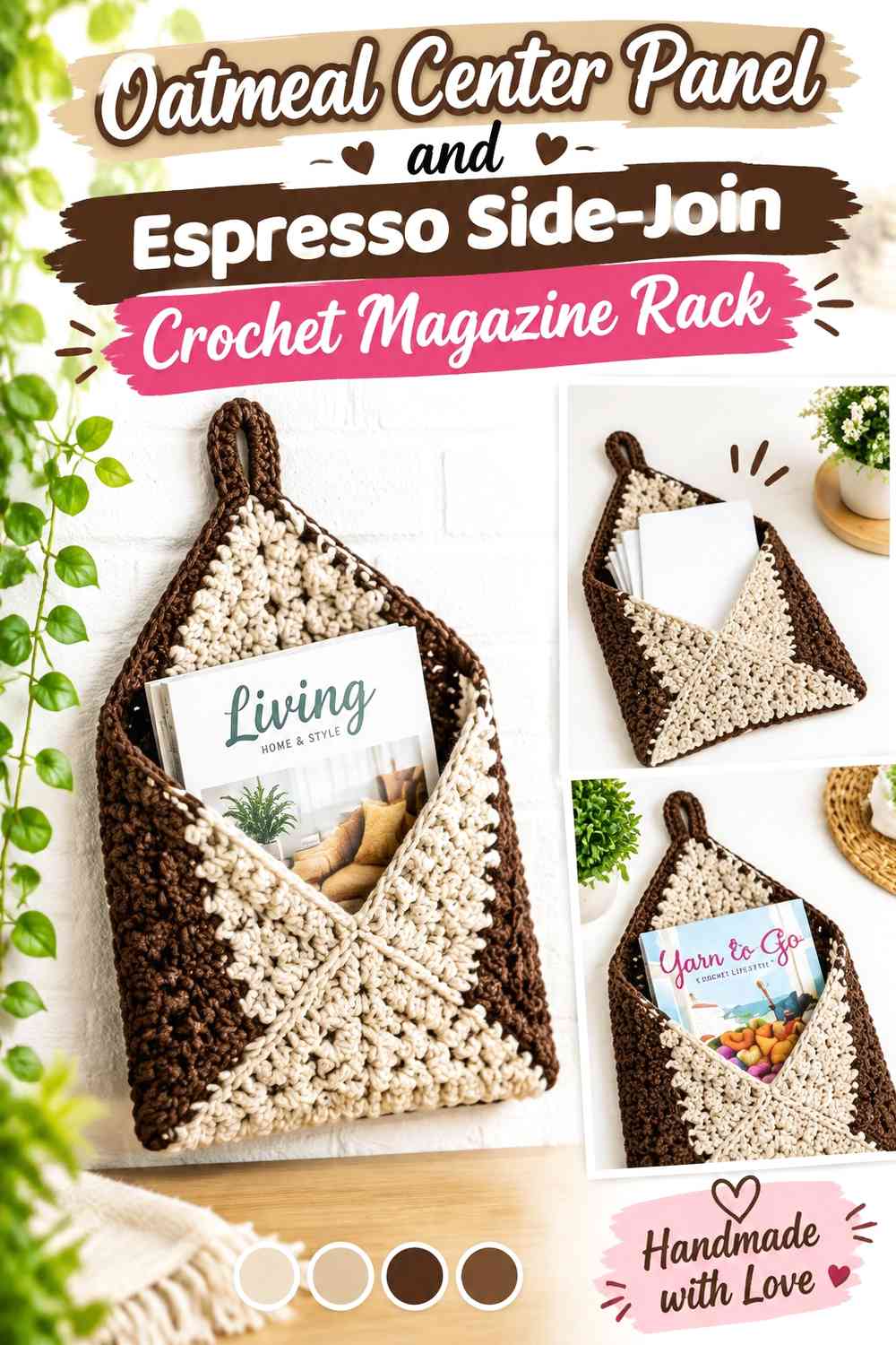 Oatmeal Center Panel and Espresso Side-Join Crochet Magazine Rack