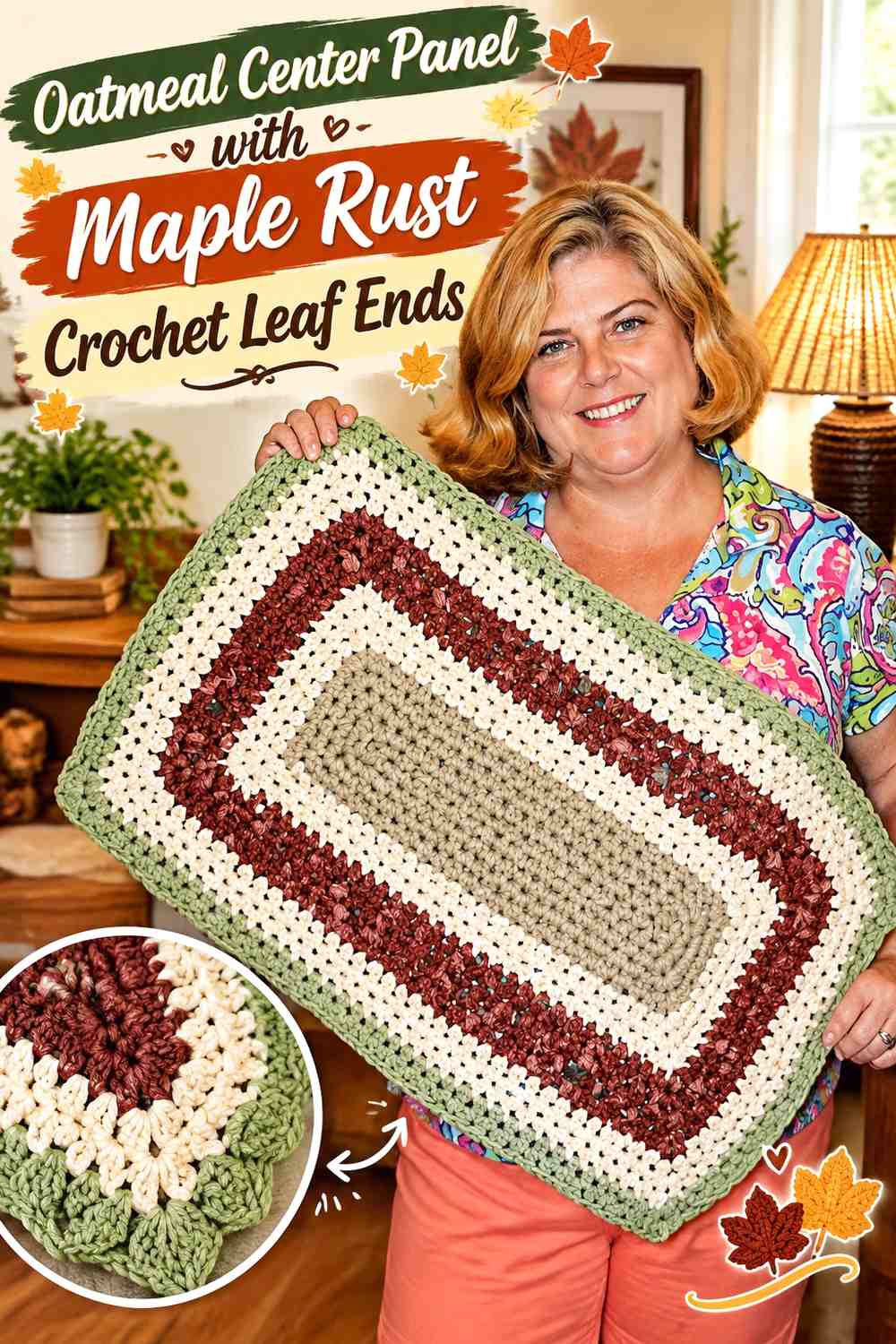 Oatmeal Center Panel with Maple Rust Crochet Leaf Ends