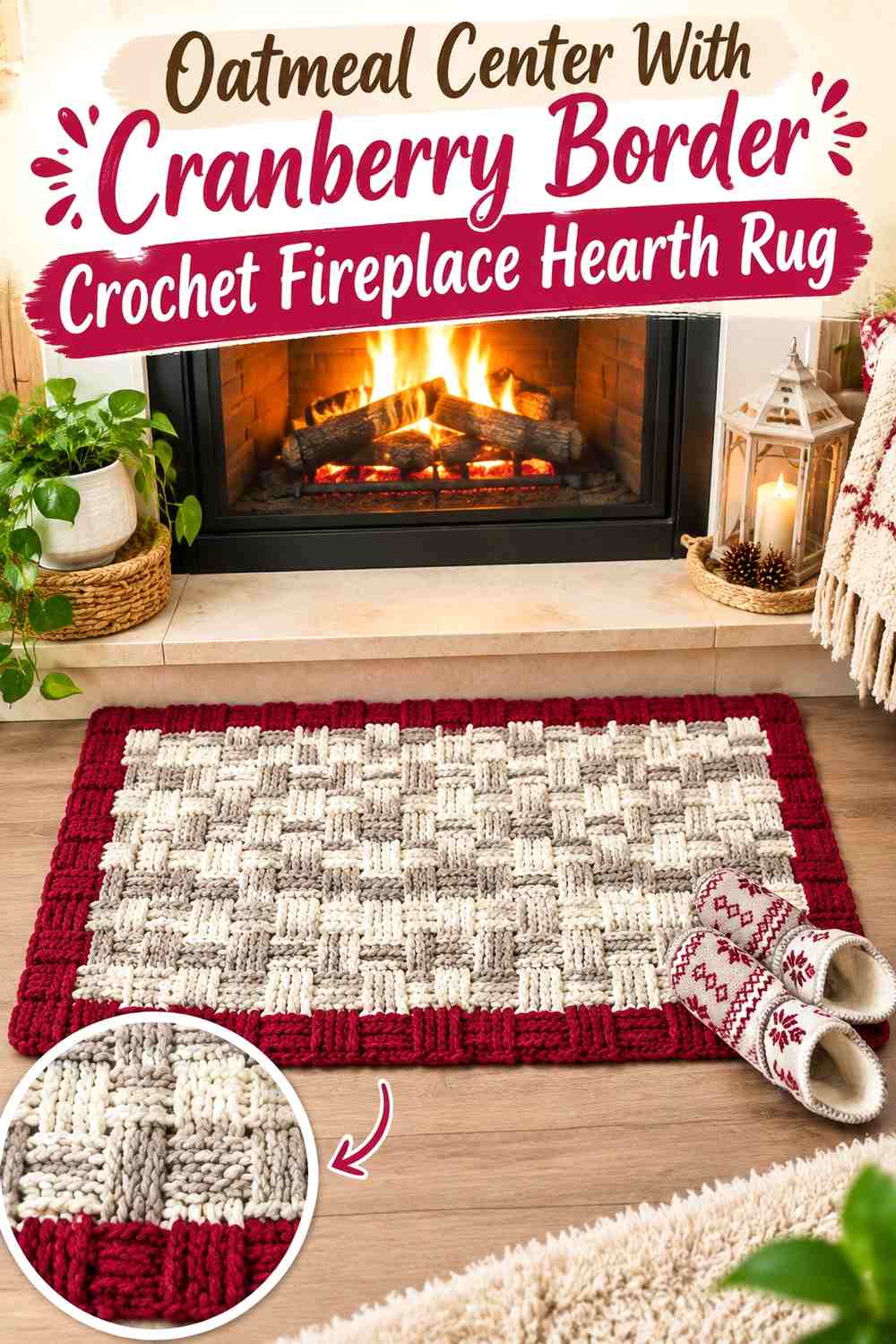 Oatmeal Center With Cranberry Border Crochet Fireplace Hearth Rug