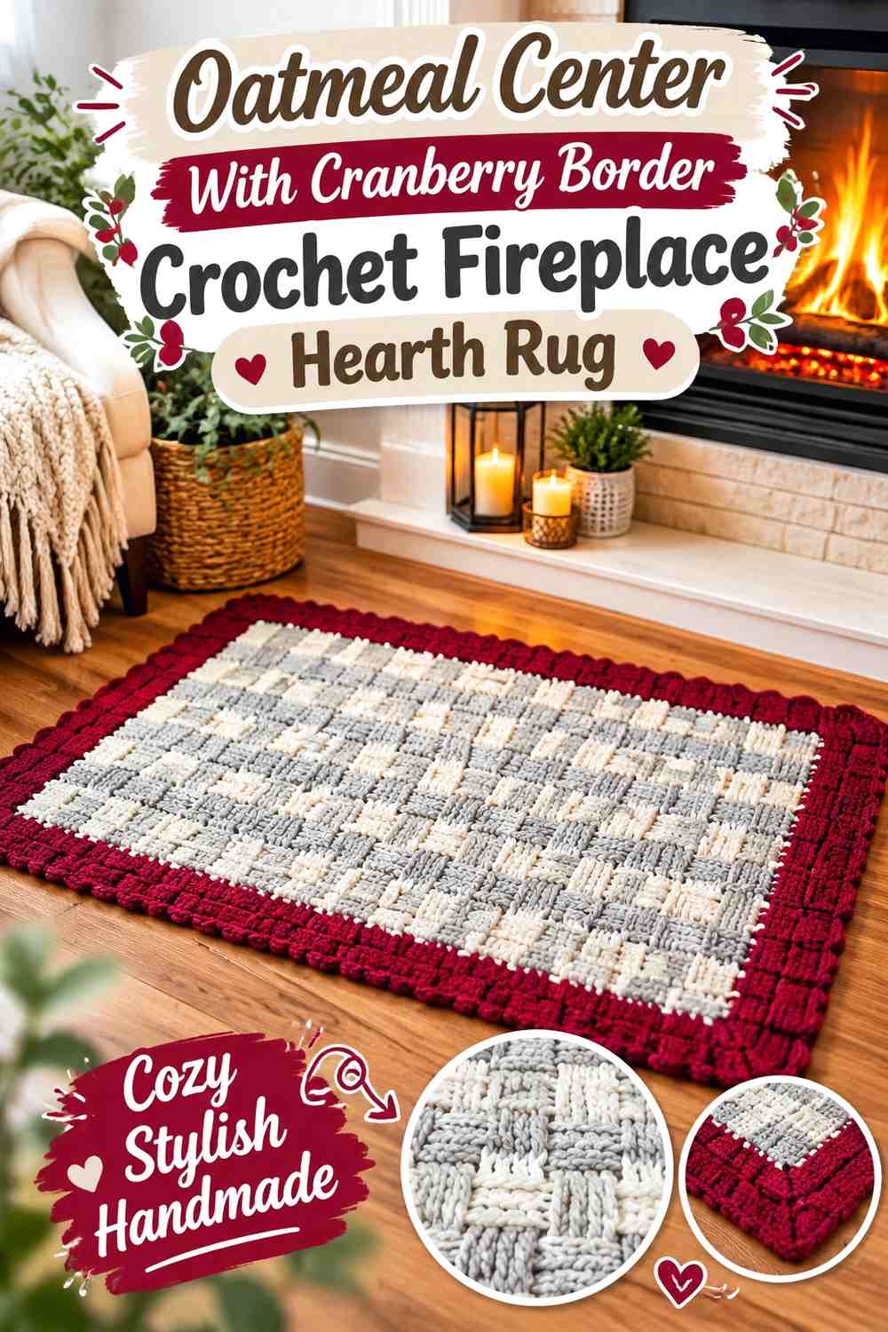 Oatmeal Center With Cranberry Border Crochet Fireplace Hearth Rug