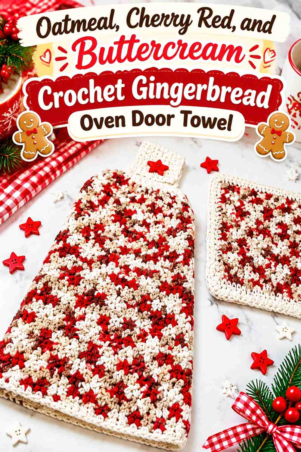 Oatmeal, Cherry Red, and Buttercream Crochet Gingerbread Oven Door Towel