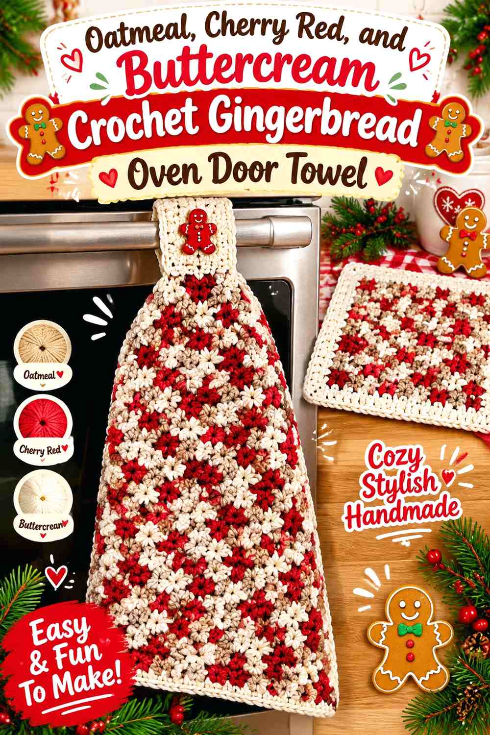 Oatmeal, Cherry Red, and Buttercream Crochet Gingerbread Oven Door Towel