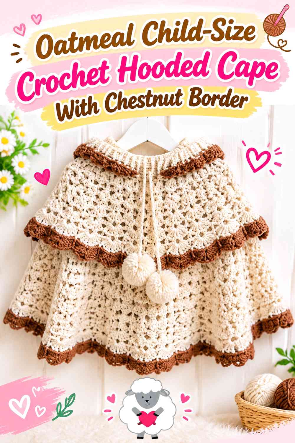 Oatmeal Child-Size Crochet Hooded Cape With Chestnut Border