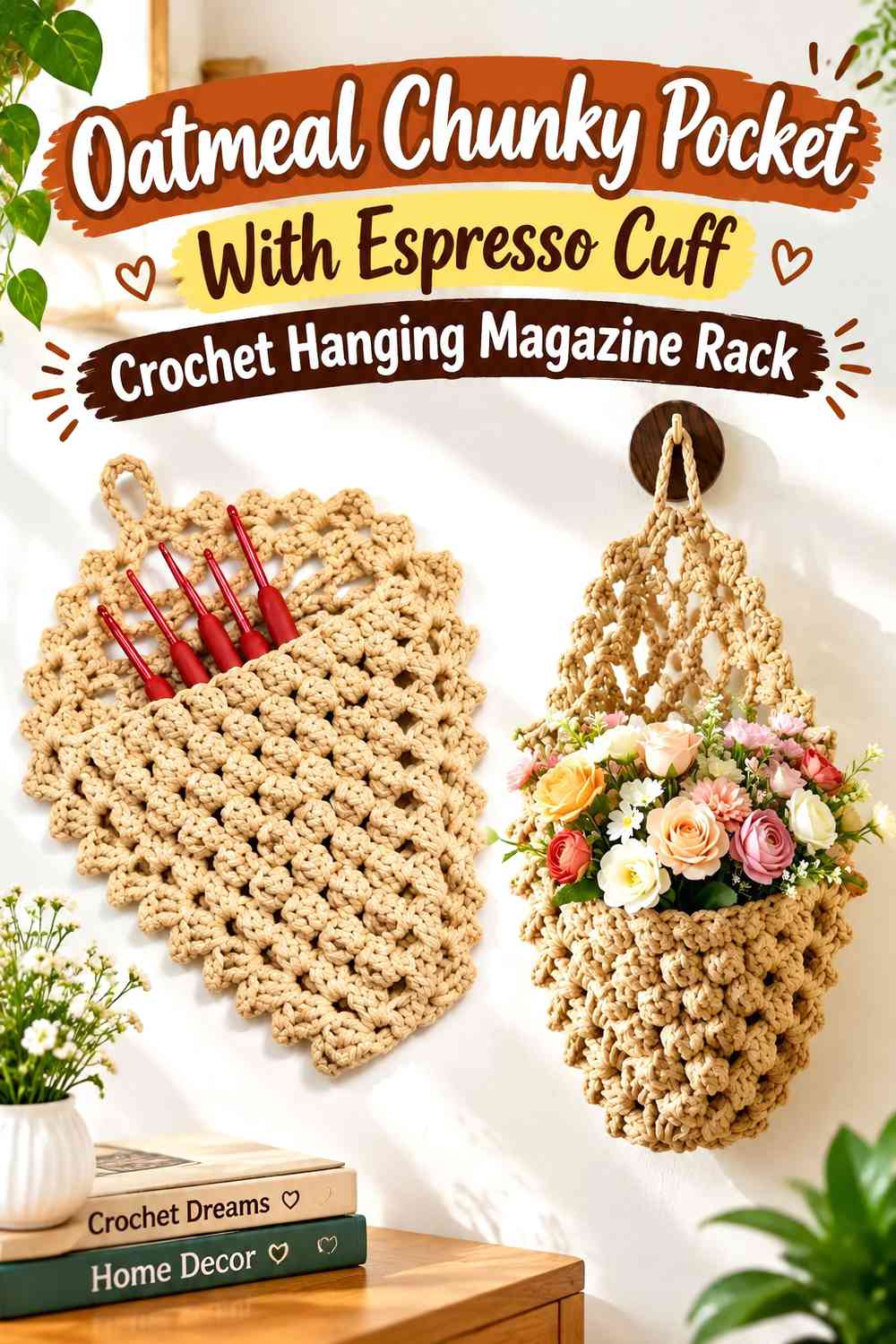 Oatmeal Chunky Pocket With Espresso Cuff Crochet Hanging Magazine Rack