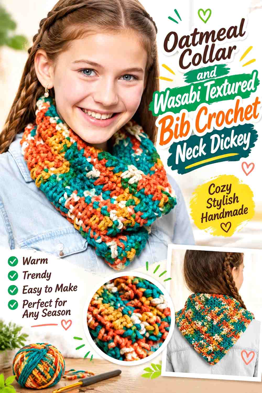 Oatmeal Collar and Wasabi Textured Bib Crochet Neck Dickey