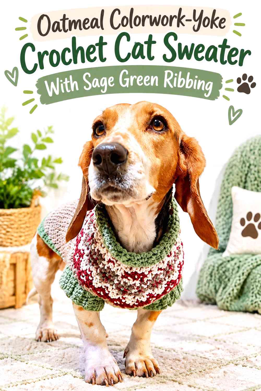 Oatmeal Colorwork-Yoke Crochet Cat Sweater With Sage Green Ribbing