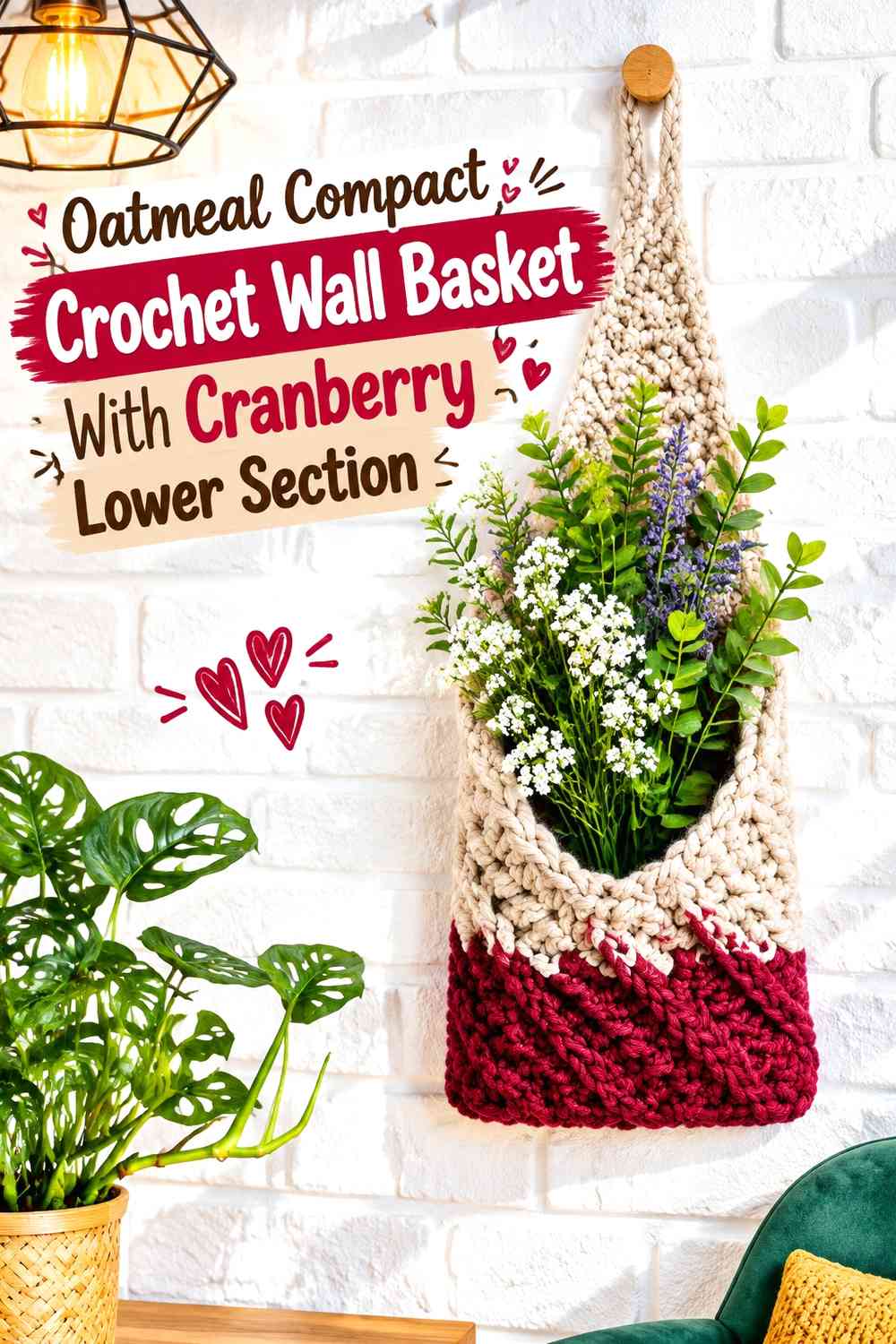 Oatmeal Compact Crochet Wall Basket With Cranberry Lower Section