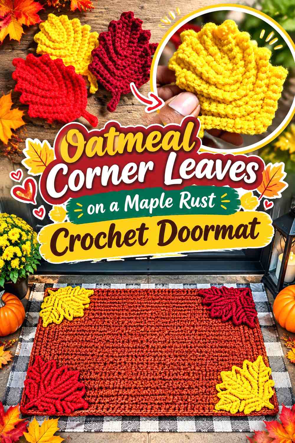 Oatmeal Corner Leaves on a Maple Rust Crochet Doormat