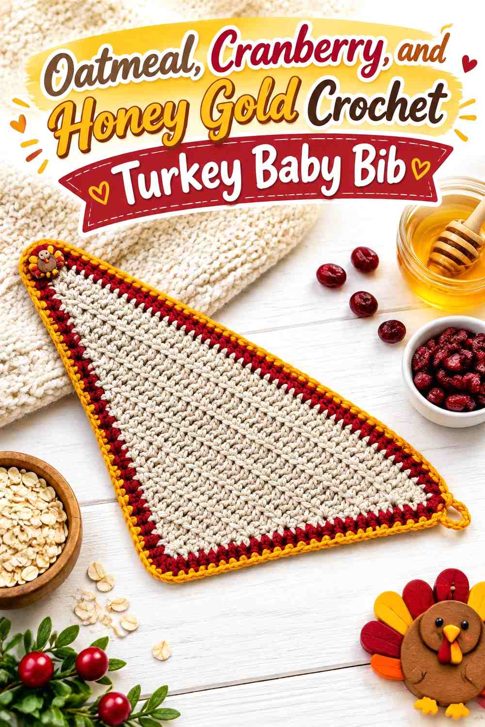 Oatmeal, Cranberry, and Honey Gold Crochet Turkey Baby Bib