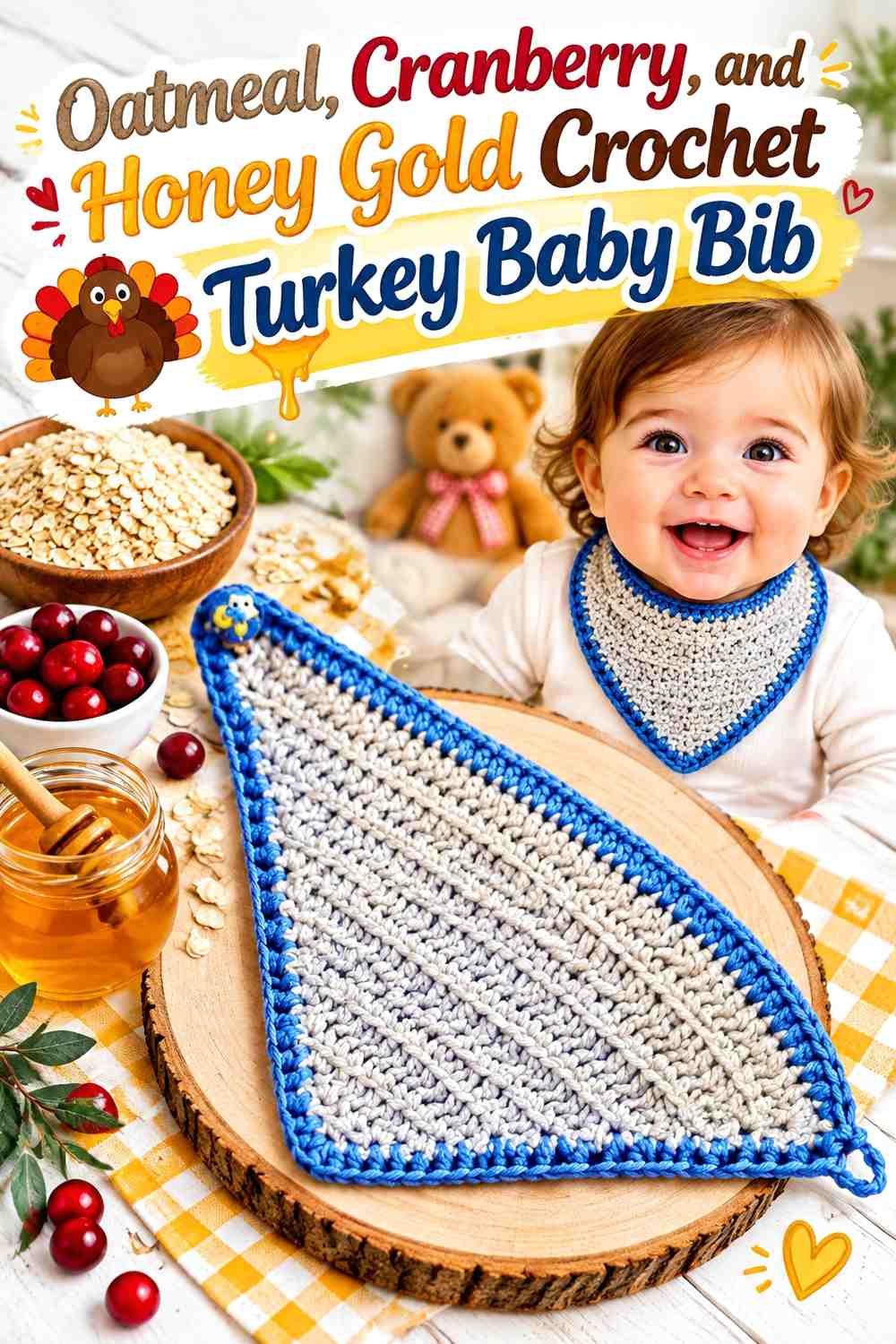 Oatmeal, Cranberry, and Honey Gold Crochet Turkey Baby Bib