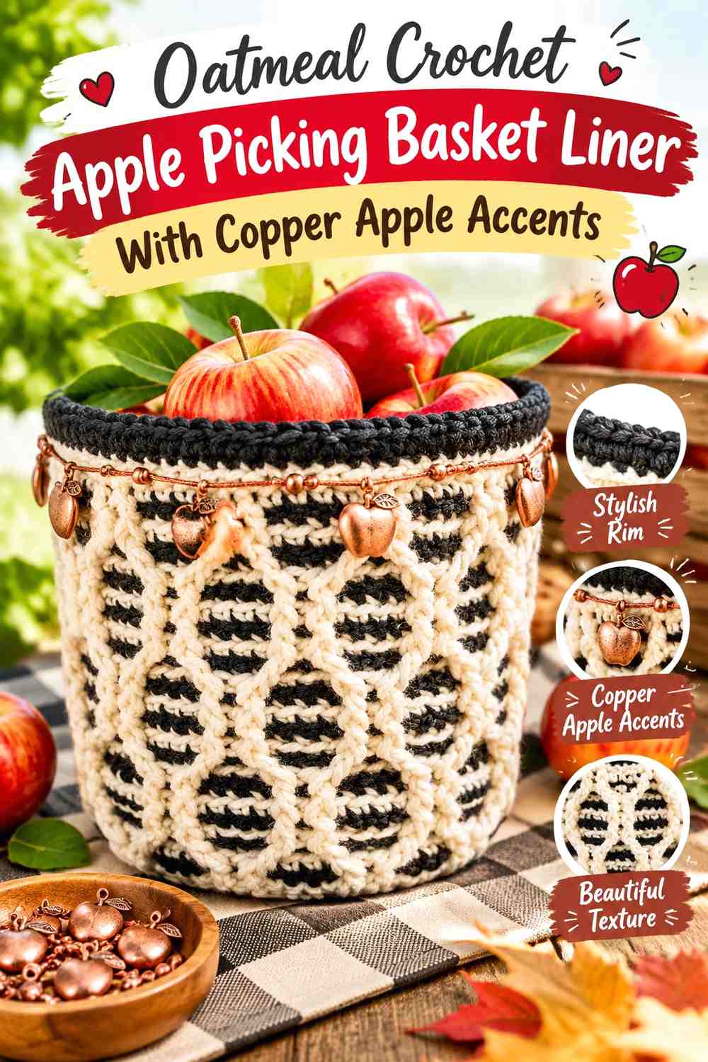 Oatmeal Crochet Apple Picking Basket Liner With Copper Apple Accents