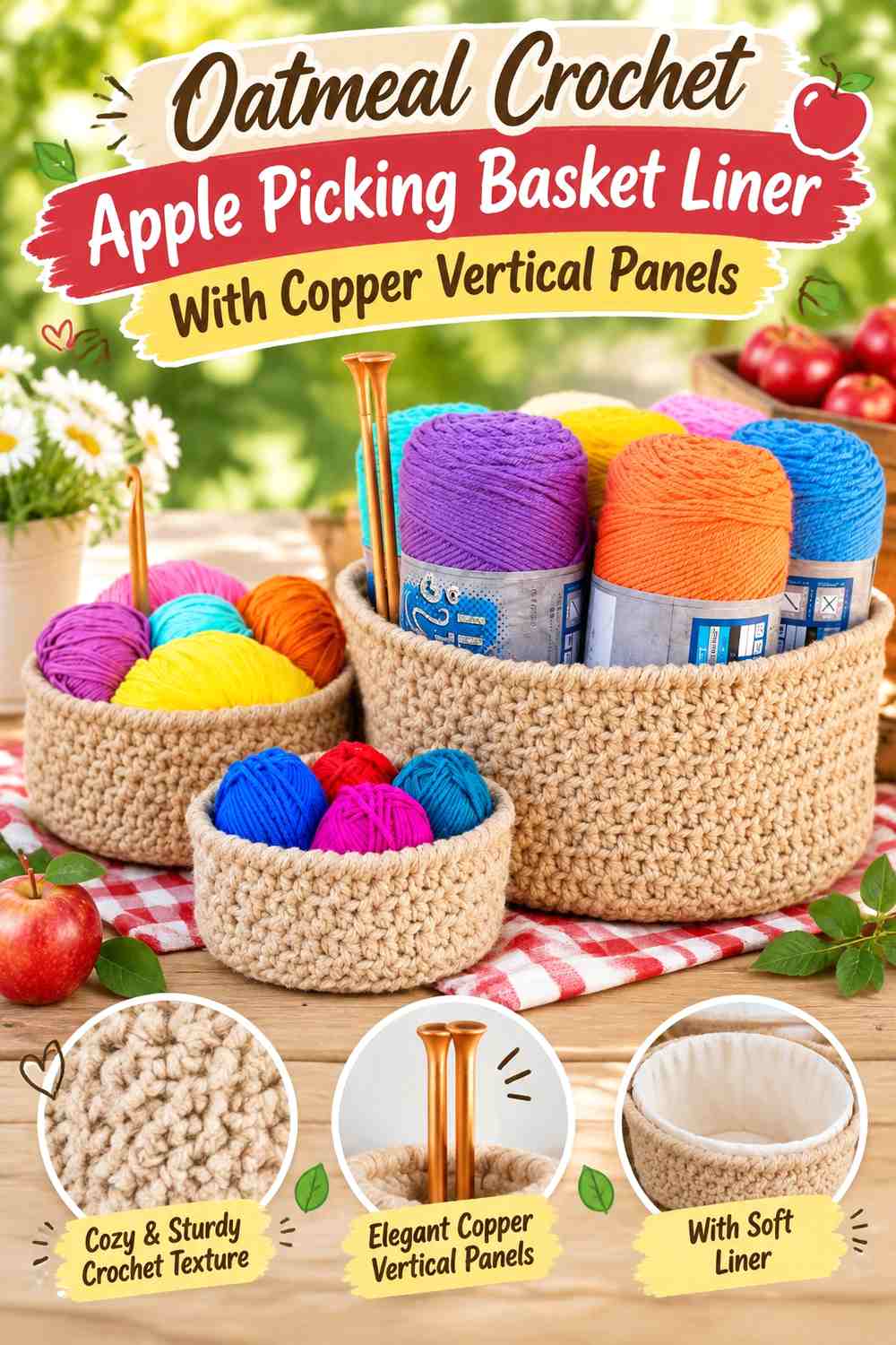 Oatmeal Crochet Apple Picking Basket Liner With Copper Vertical Panels