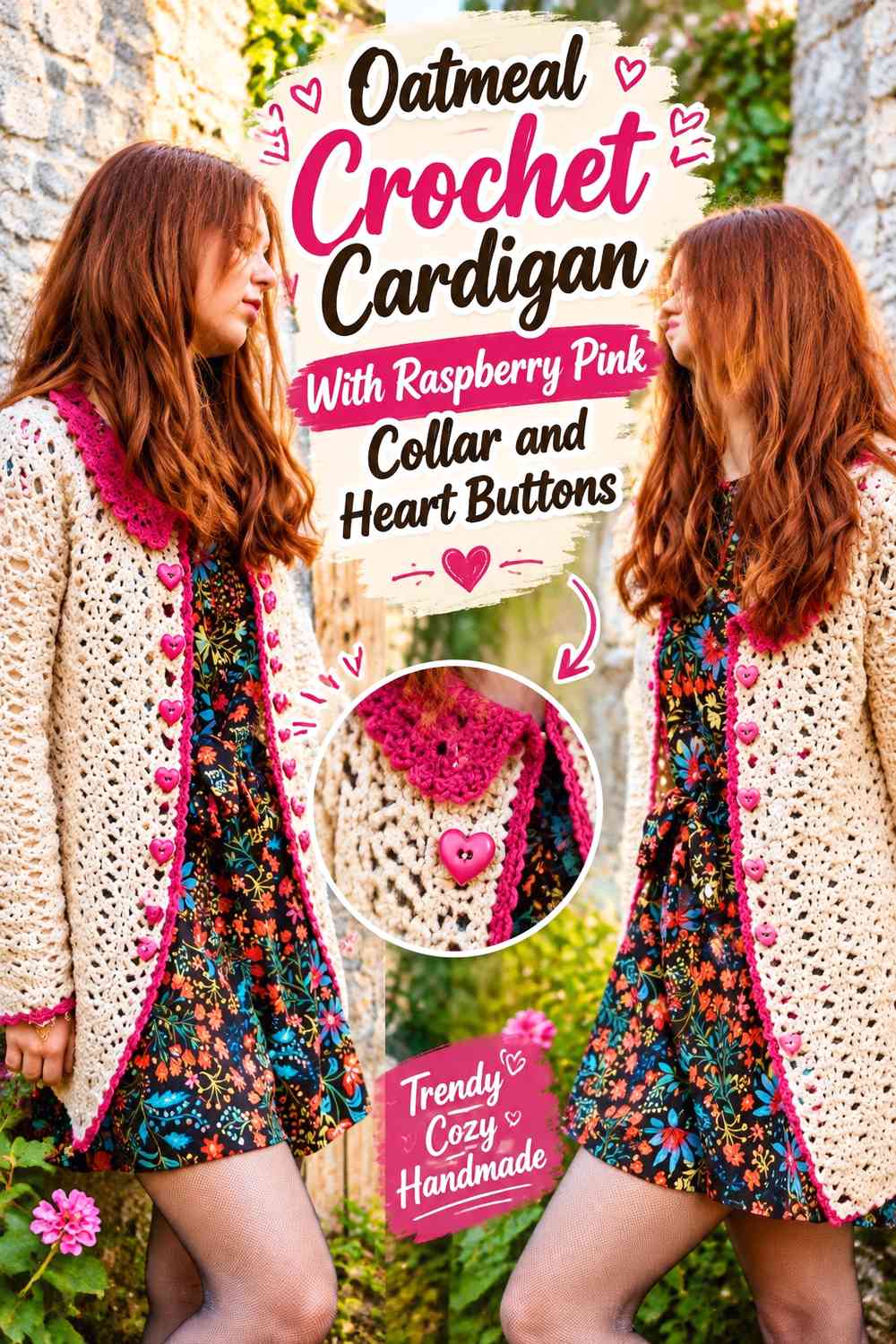 Oatmeal Crochet Cardigan With Raspberry Pink Collar and Heart Buttons