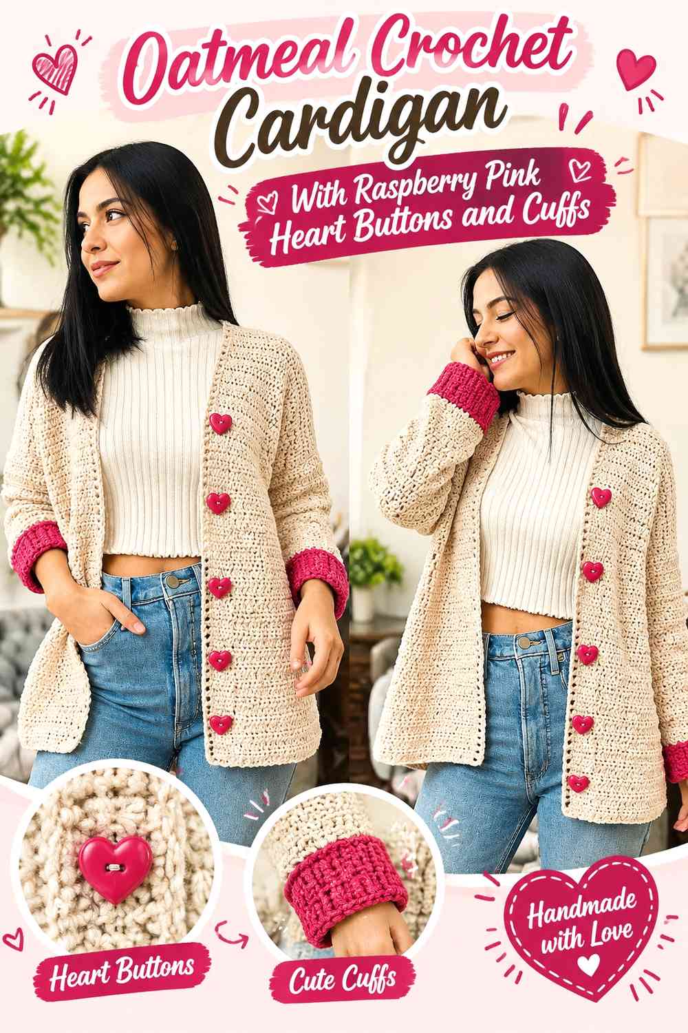 Oatmeal Crochet Cardigan With Raspberry Pink Heart Buttons and Cuffs