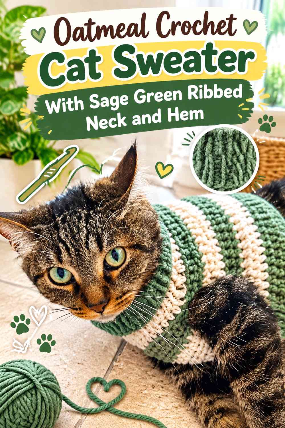 Oatmeal Crochet Cat Sweater With Sage Green Ribbed Neck and Hem
