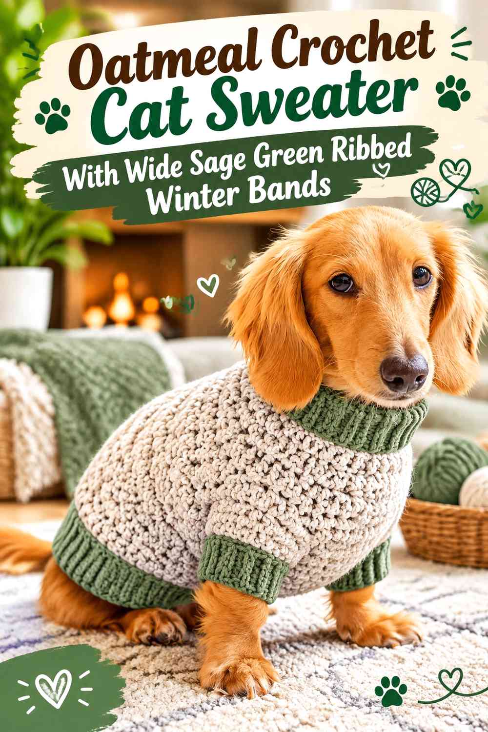 Oatmeal Crochet Cat Sweater With Wide Sage Green Ribbed Winter Bands