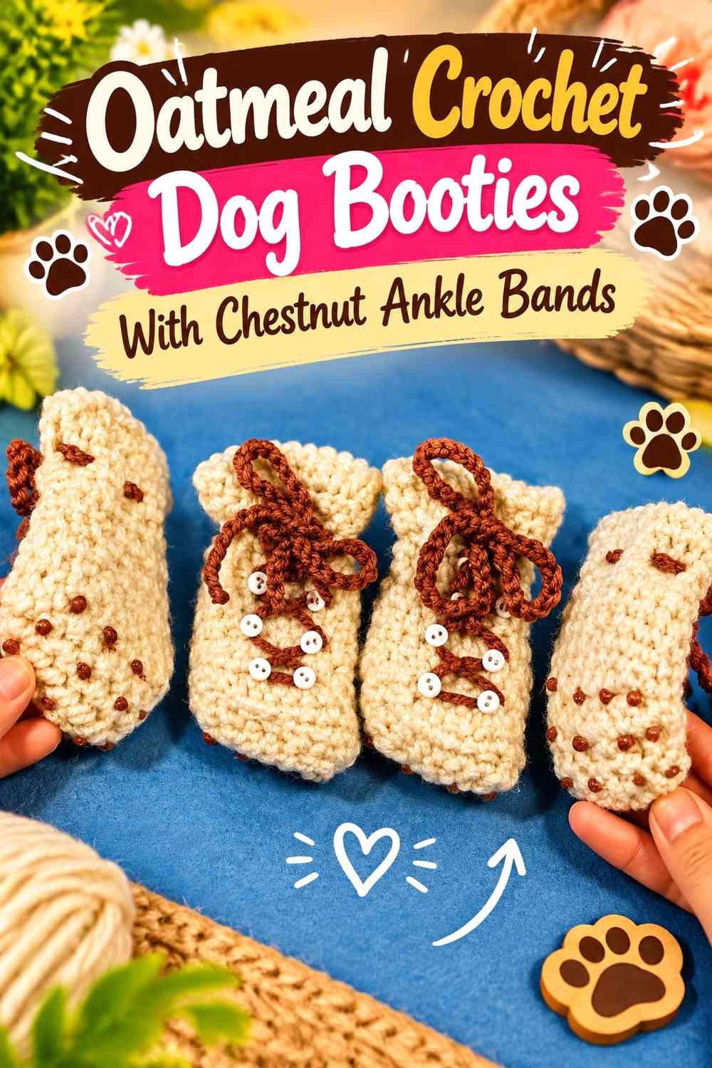 Oatmeal Crochet Dog Booties With Chestnut Ankle Bands