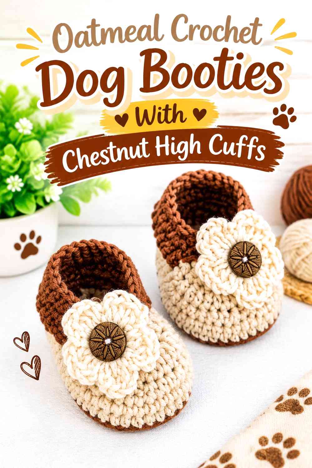 Oatmeal Crochet Dog Booties With Chestnut High Cuffs
