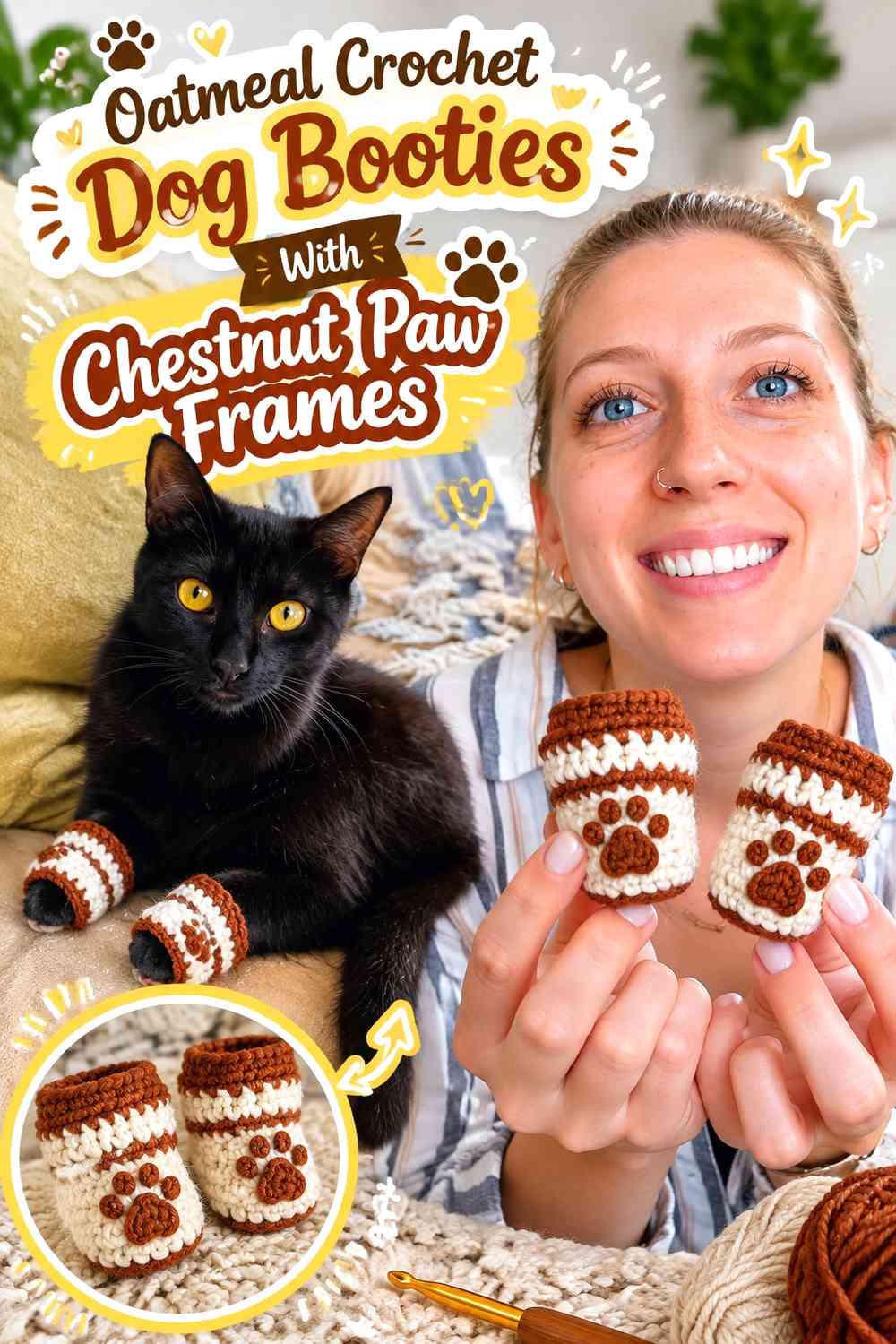 Oatmeal Crochet Dog Booties With Chestnut Paw Frames