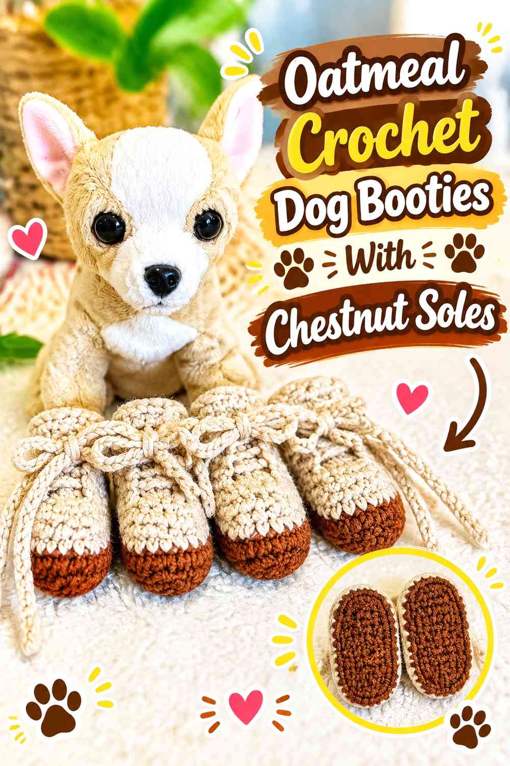 Oatmeal Crochet Dog Booties With Chestnut Soles