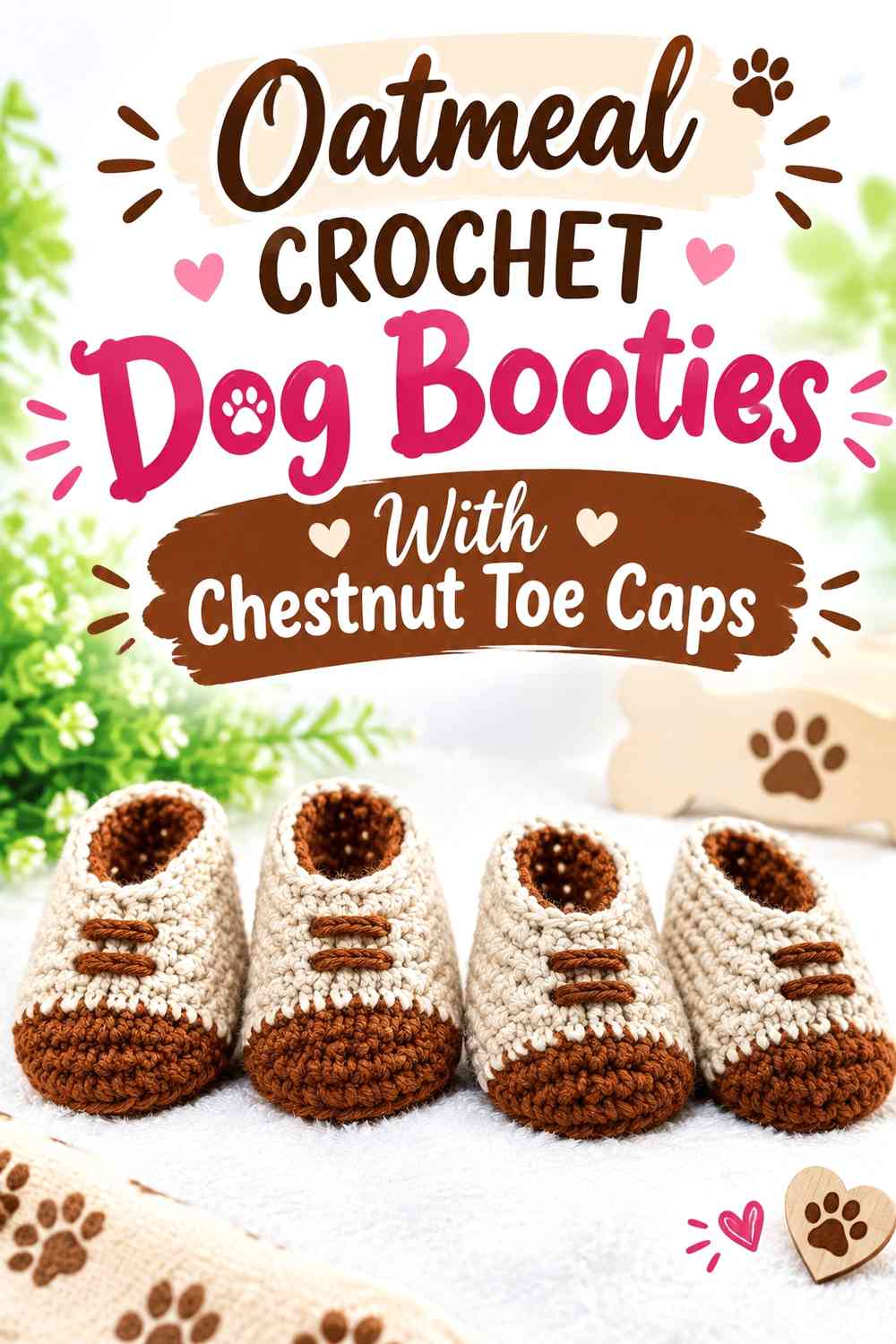Oatmeal Crochet Dog Booties With Chestnut Toe Caps