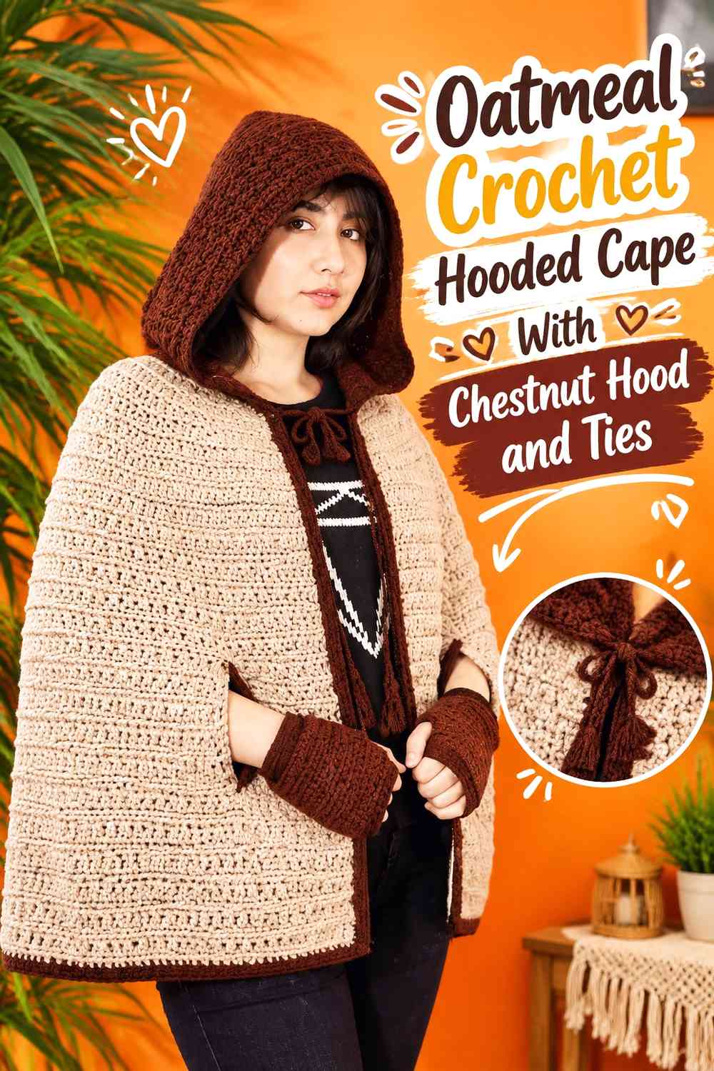 Oatmeal Crochet Hooded Cape With Chestnut Hood and Ties