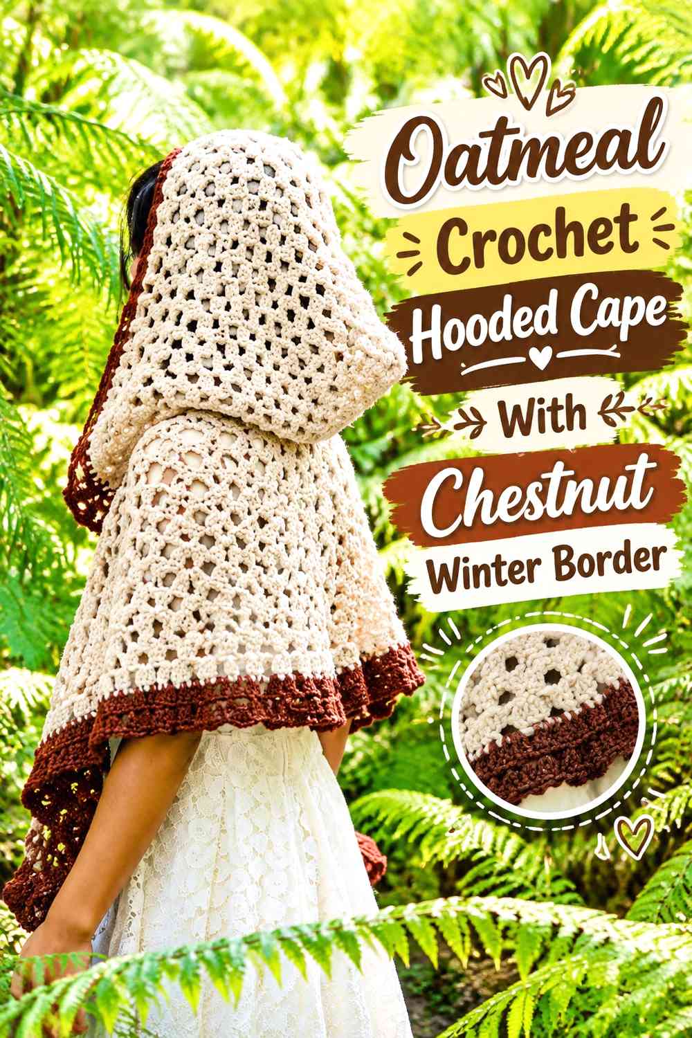 Oatmeal Crochet Hooded Cape With Chestnut Winter Border