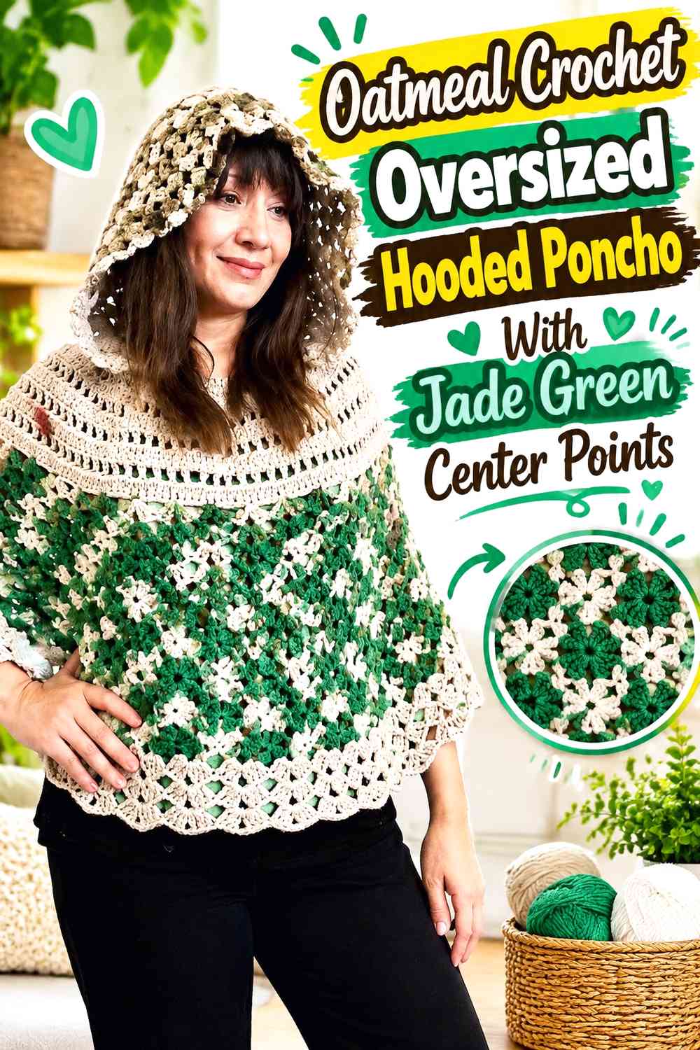 Oatmeal Crochet Oversized Hooded Poncho With Jade Green Center Points