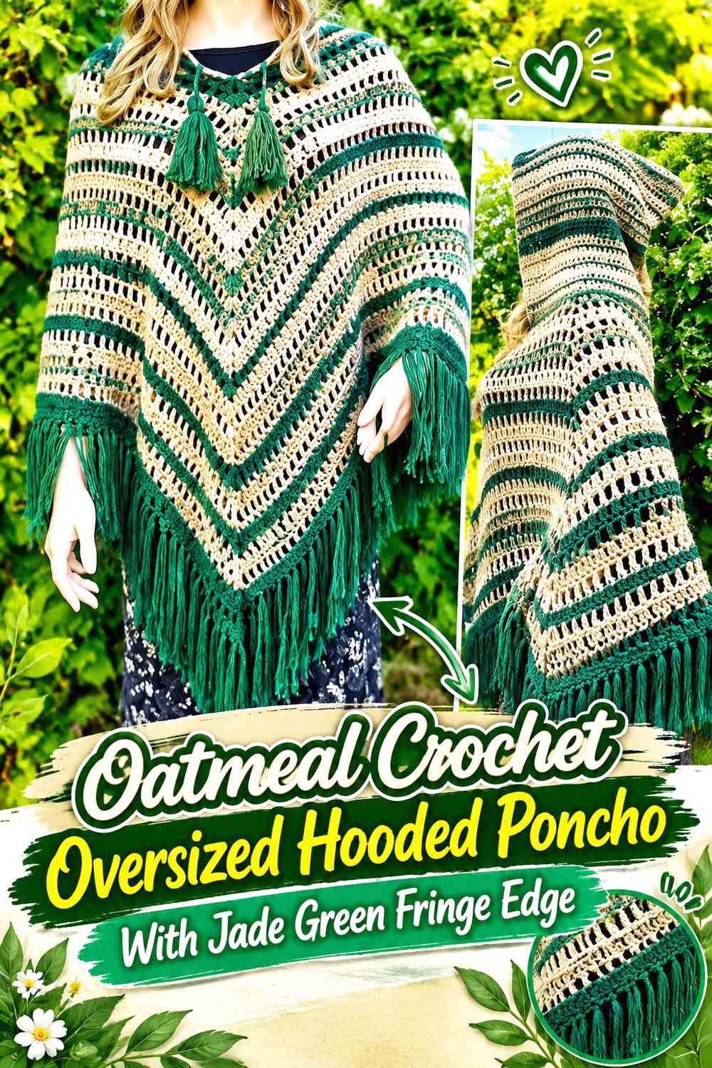 Oatmeal Crochet Oversized Hooded Poncho With Jade Green Fringe Edge