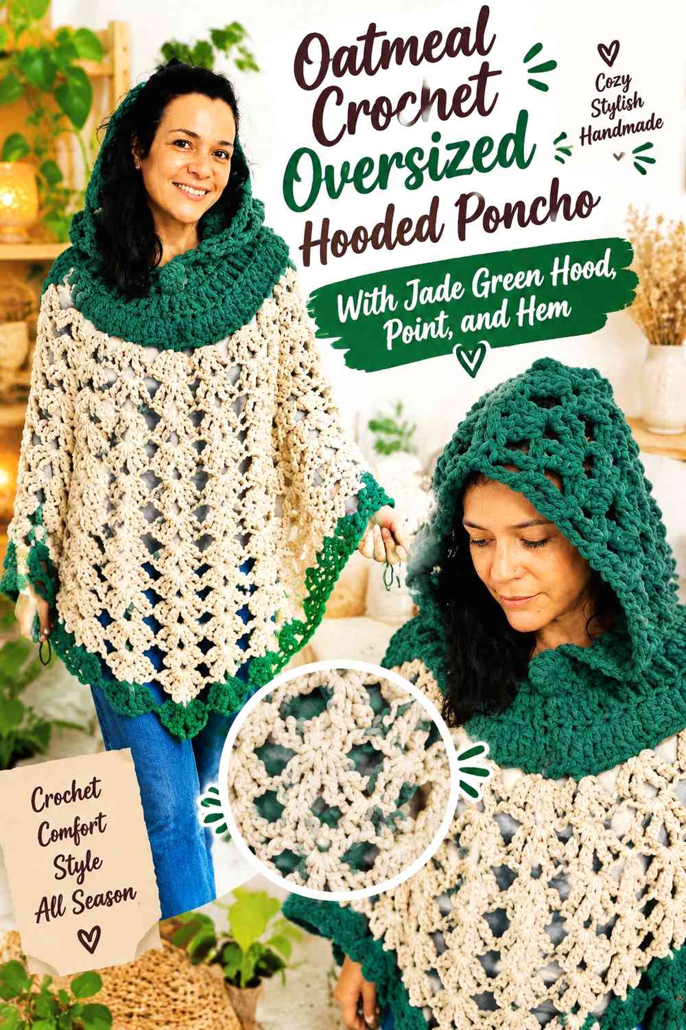 Oatmeal Crochet Oversized Hooded Poncho With Jade Green Hood, Point, and Hem