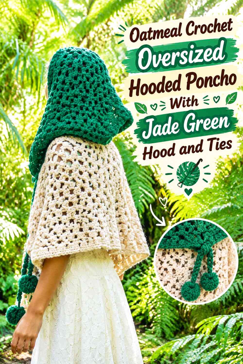 Oatmeal Crochet Oversized Hooded Poncho With Jade Green Hood and Ties