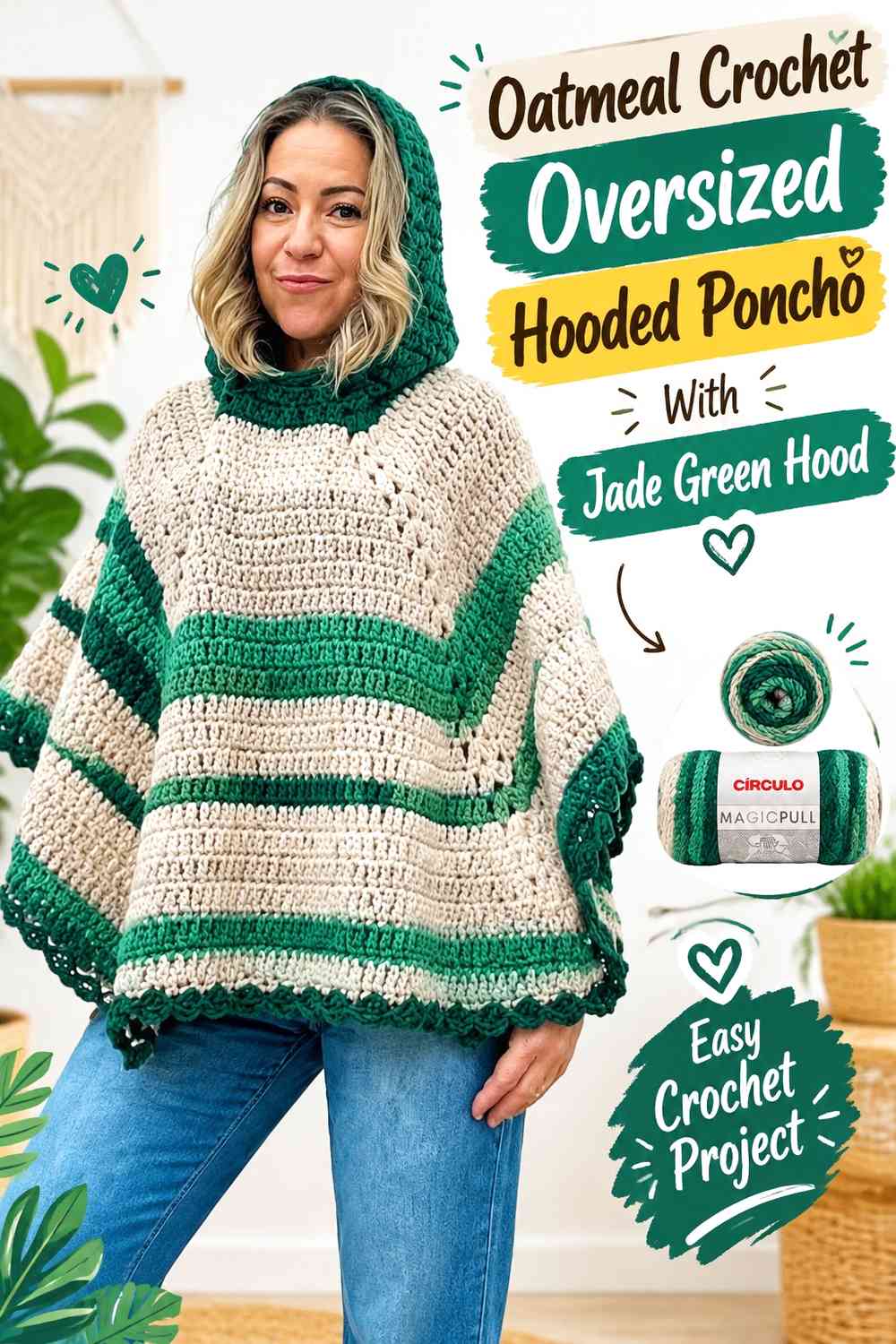 Oatmeal Crochet Oversized Hooded Poncho With Jade Green Hood