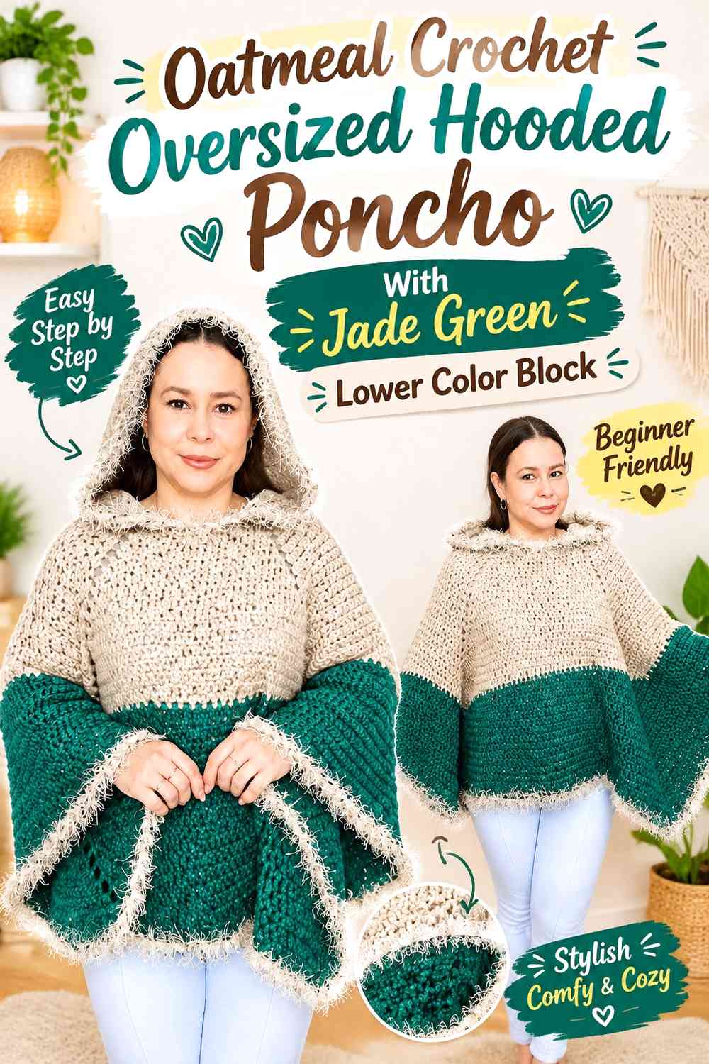 Oatmeal Crochet Oversized Hooded Poncho With Jade Green Lower Color Block