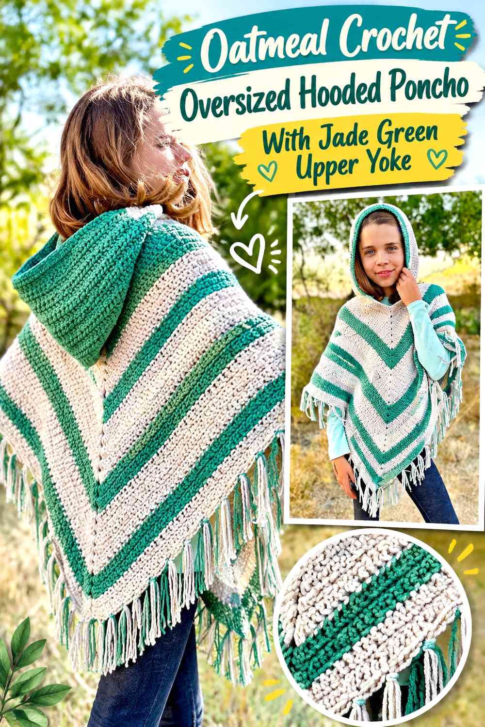 Oatmeal Crochet Oversized Hooded Poncho With Jade Green Upper Yoke