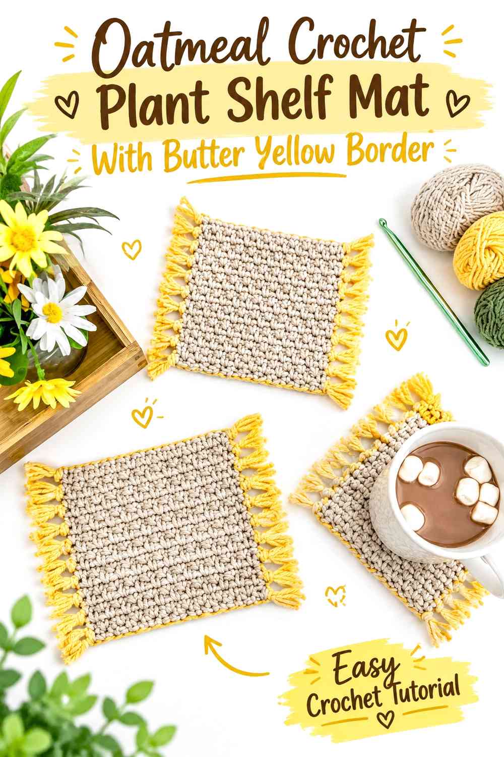Oatmeal Crochet Plant Shelf Mat With Butter Yellow Border