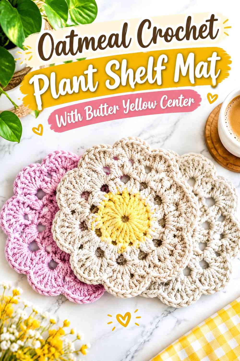 Oatmeal Crochet Plant Shelf Mat With Butter Yellow Center