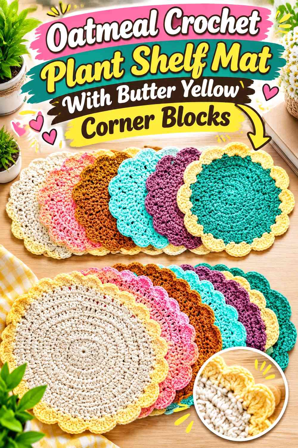 Oatmeal Crochet Plant Shelf Mat With Butter Yellow Corner Blocks