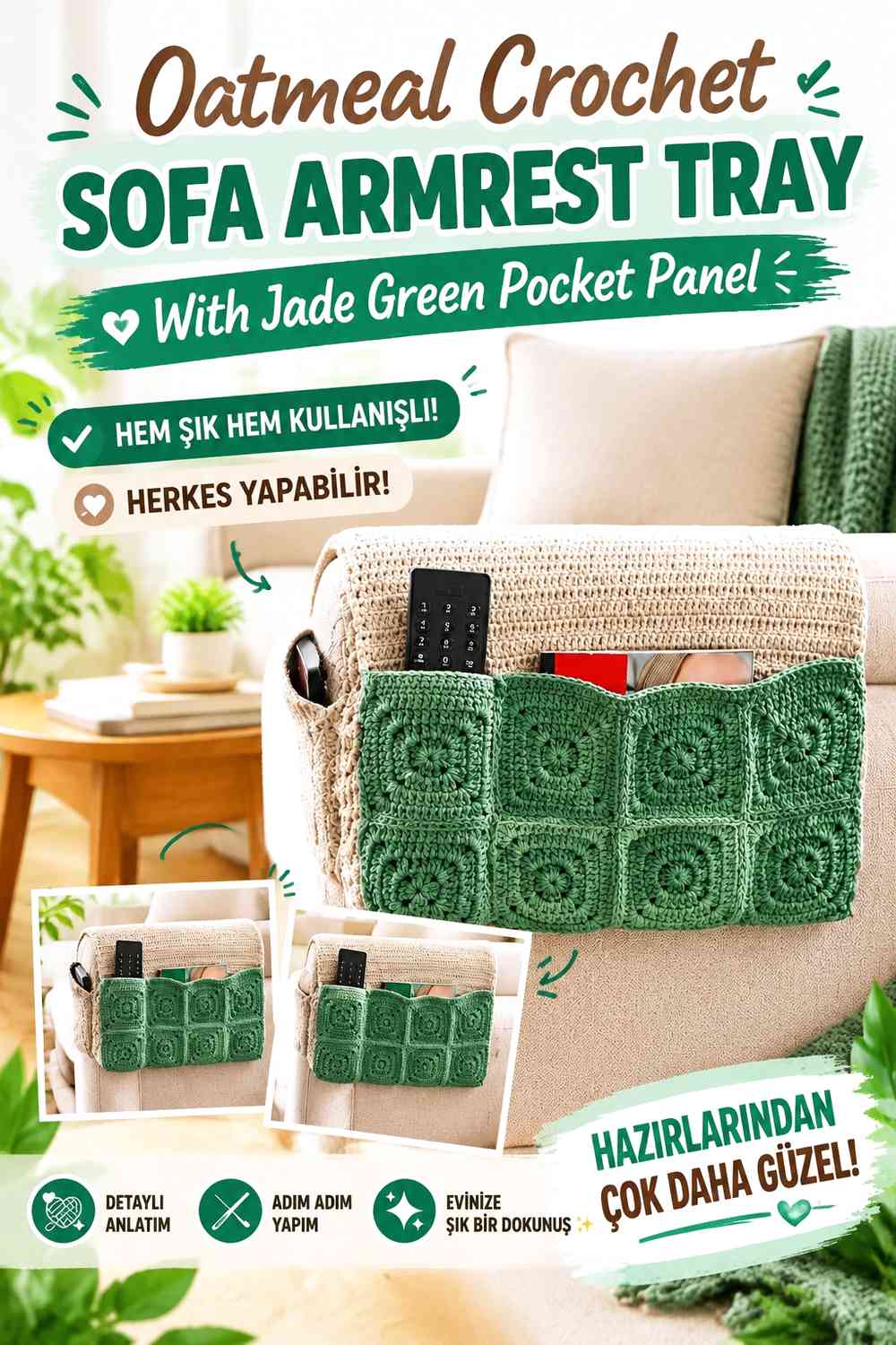 Oatmeal Crochet Sofa Armrest Tray With Jade Green Pocket Panel