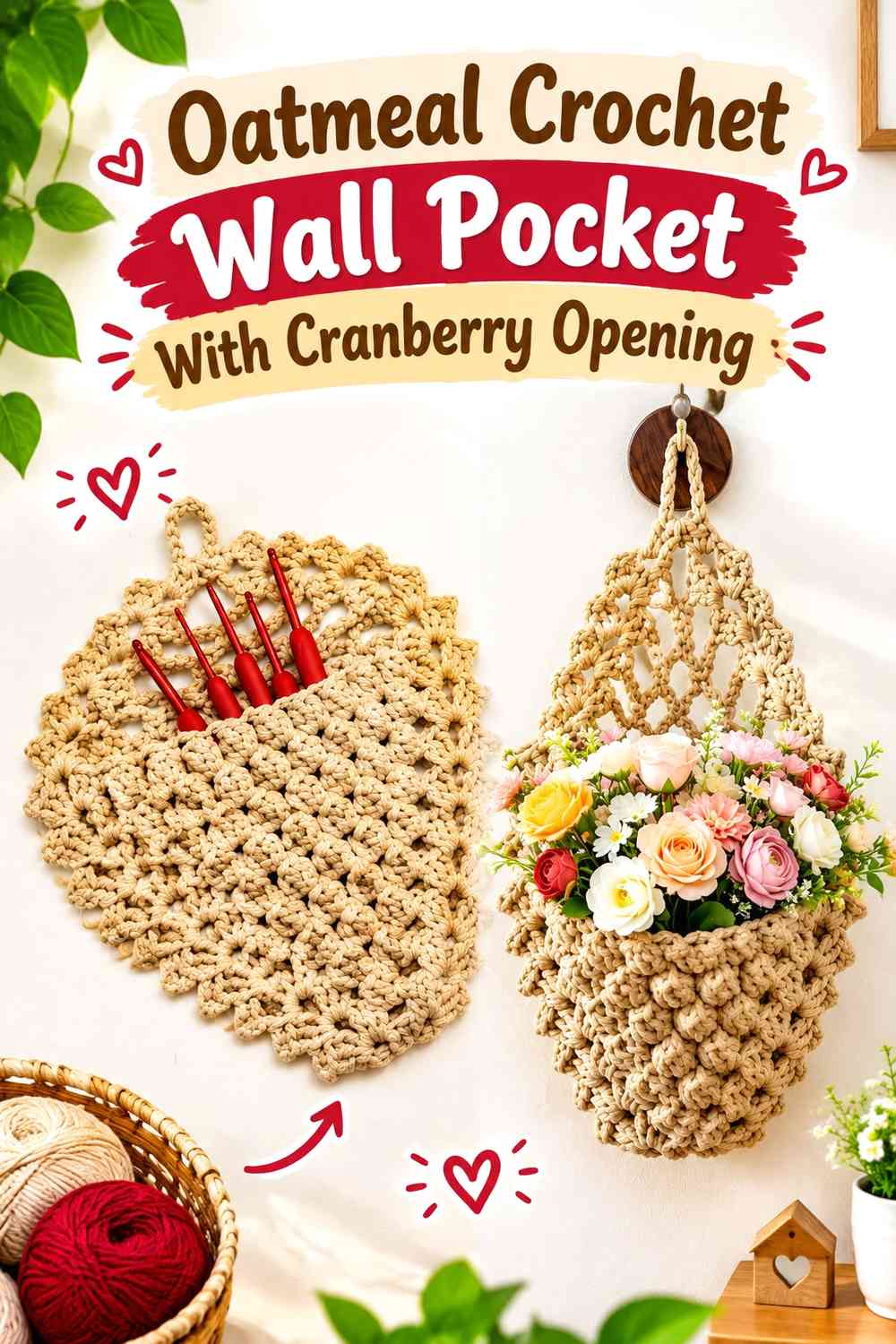 Oatmeal Crochet Wall Pocket With Cranberry Opening