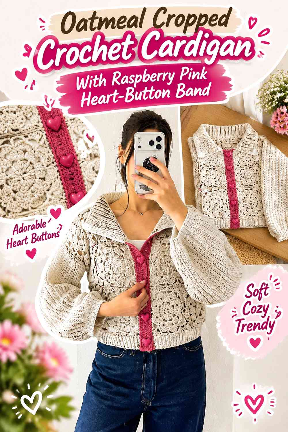 Oatmeal Cropped Crochet Cardigan With Raspberry Pink Heart-Button Band