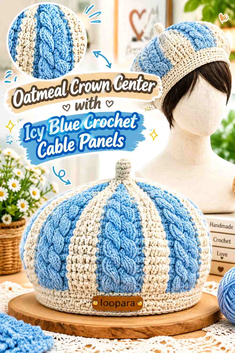 Oatmeal Crown Center with Icy Blue Crochet Cable Panels