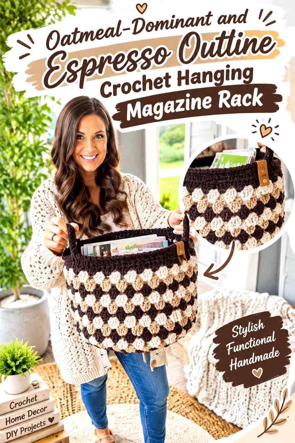 Oatmeal-Dominant and Espresso Outline Crochet Hanging Magazine Rack