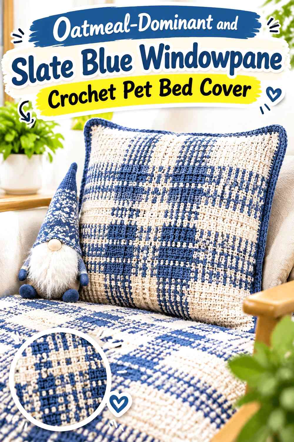 Oatmeal-Dominant and Slate Blue Windowpane Crochet Pet Bed Cover