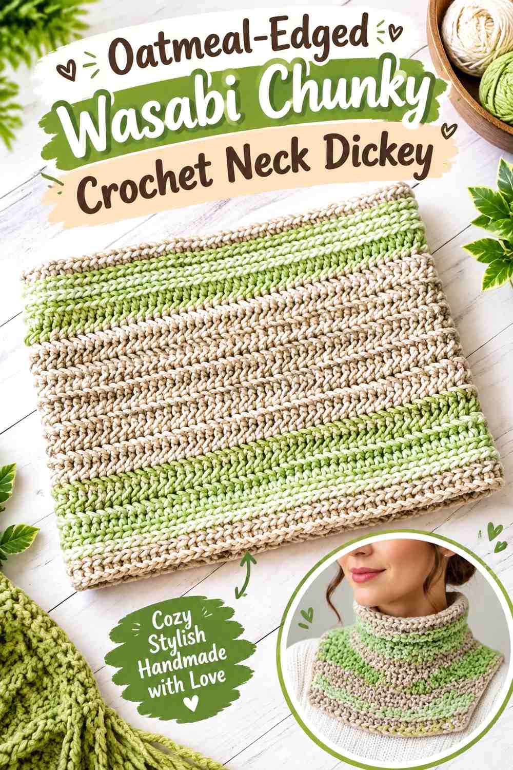 Oatmeal-Edged Wasabi Chunky Crochet Neck Dickey