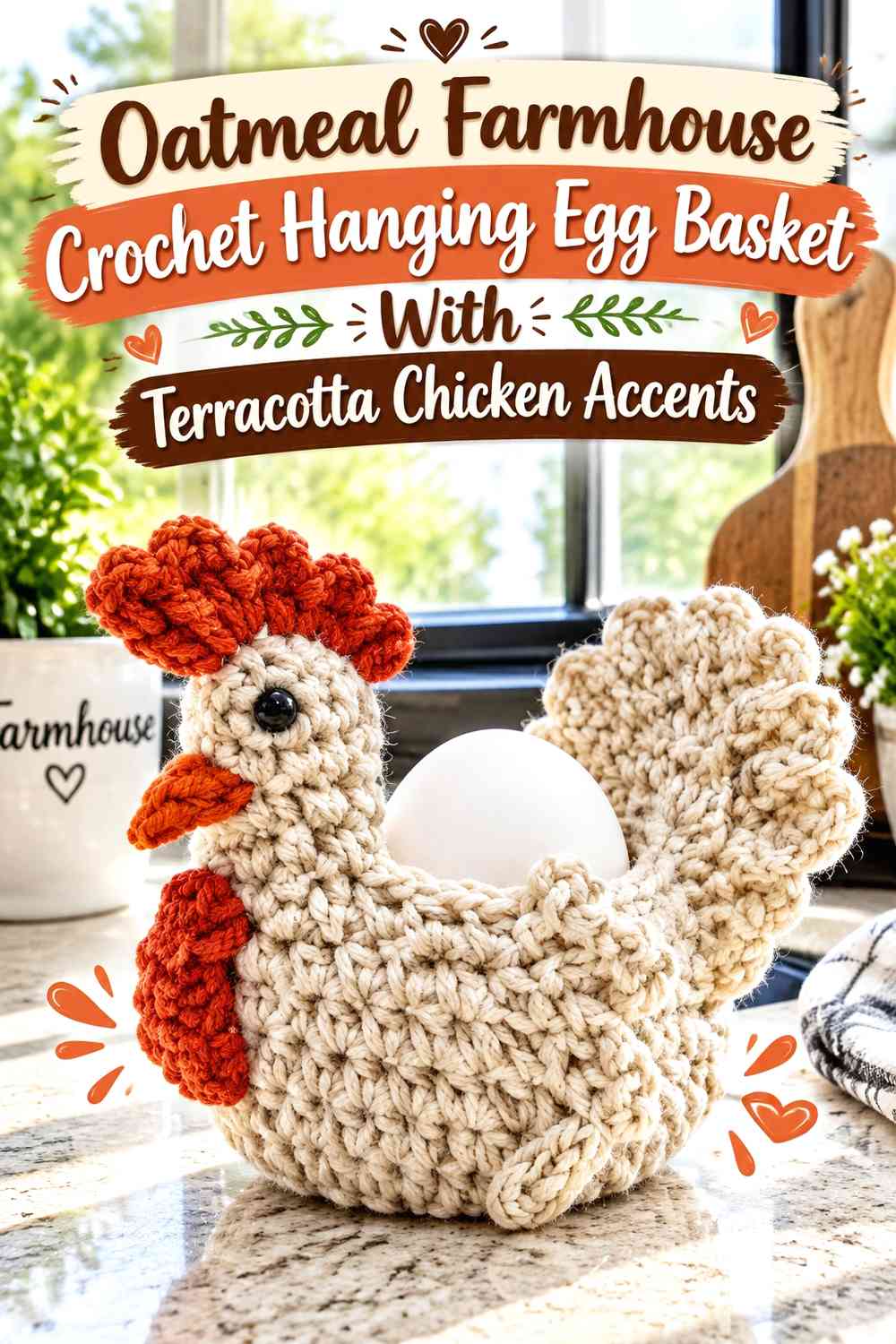 Oatmeal Farmhouse Crochet Hanging Egg Basket With Terracotta Chicken Accents