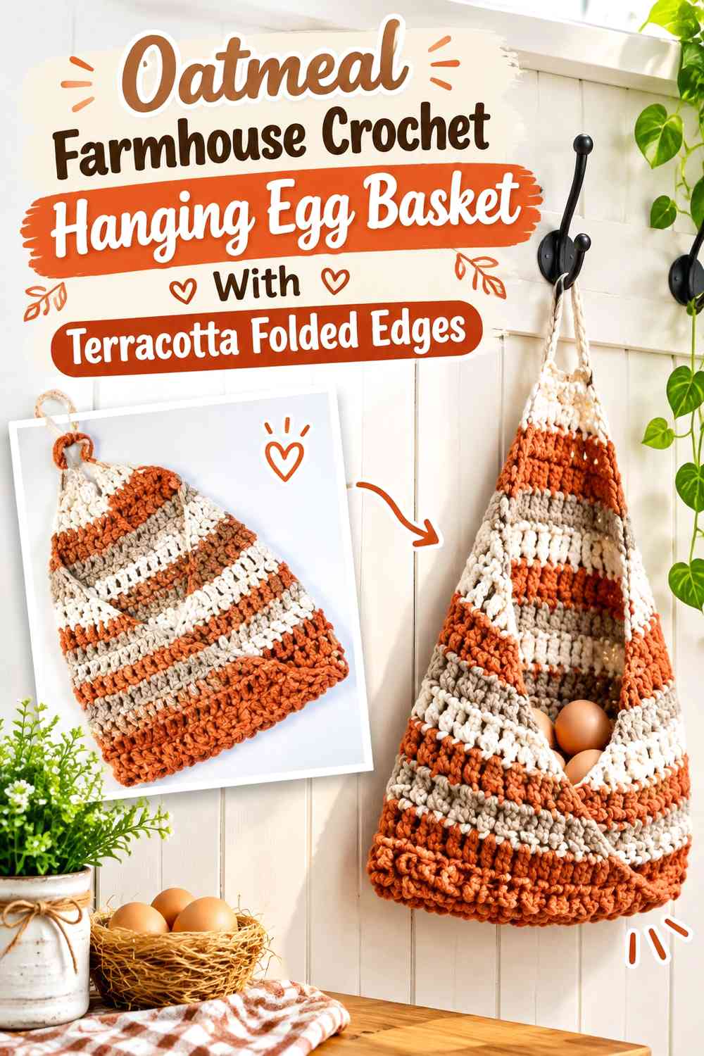 Oatmeal Farmhouse Crochet Hanging Egg Basket With Terracotta Folded Edges