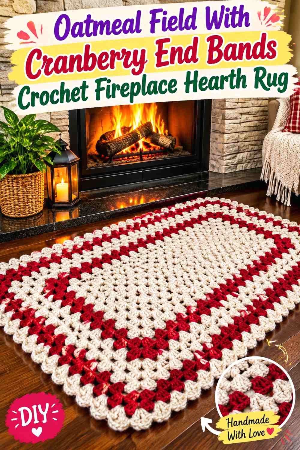 Oatmeal Field With Cranberry End Bands Crochet Fireplace Hearth Rug