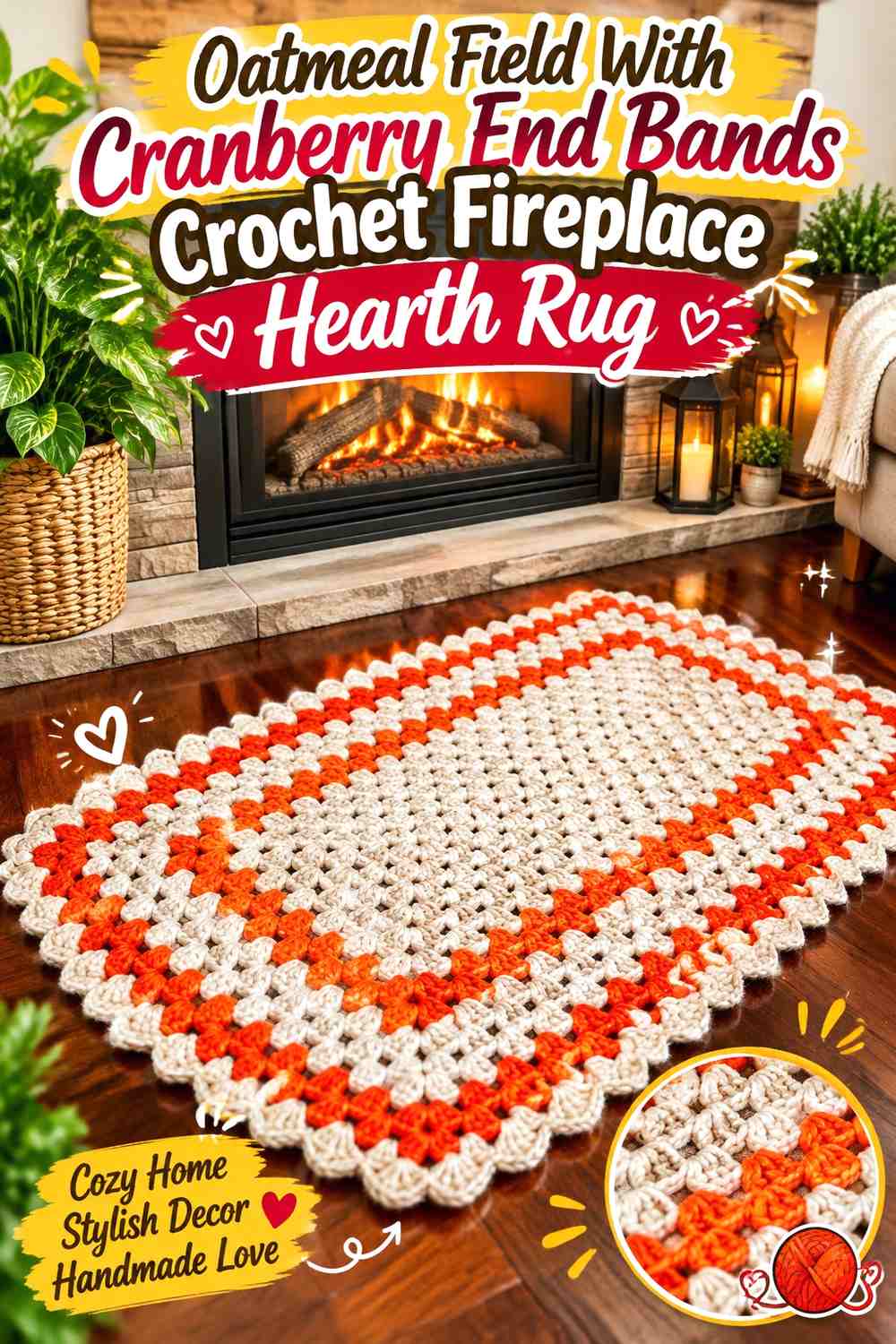 Oatmeal Field With Cranberry End Bands Crochet Fireplace Hearth Rug