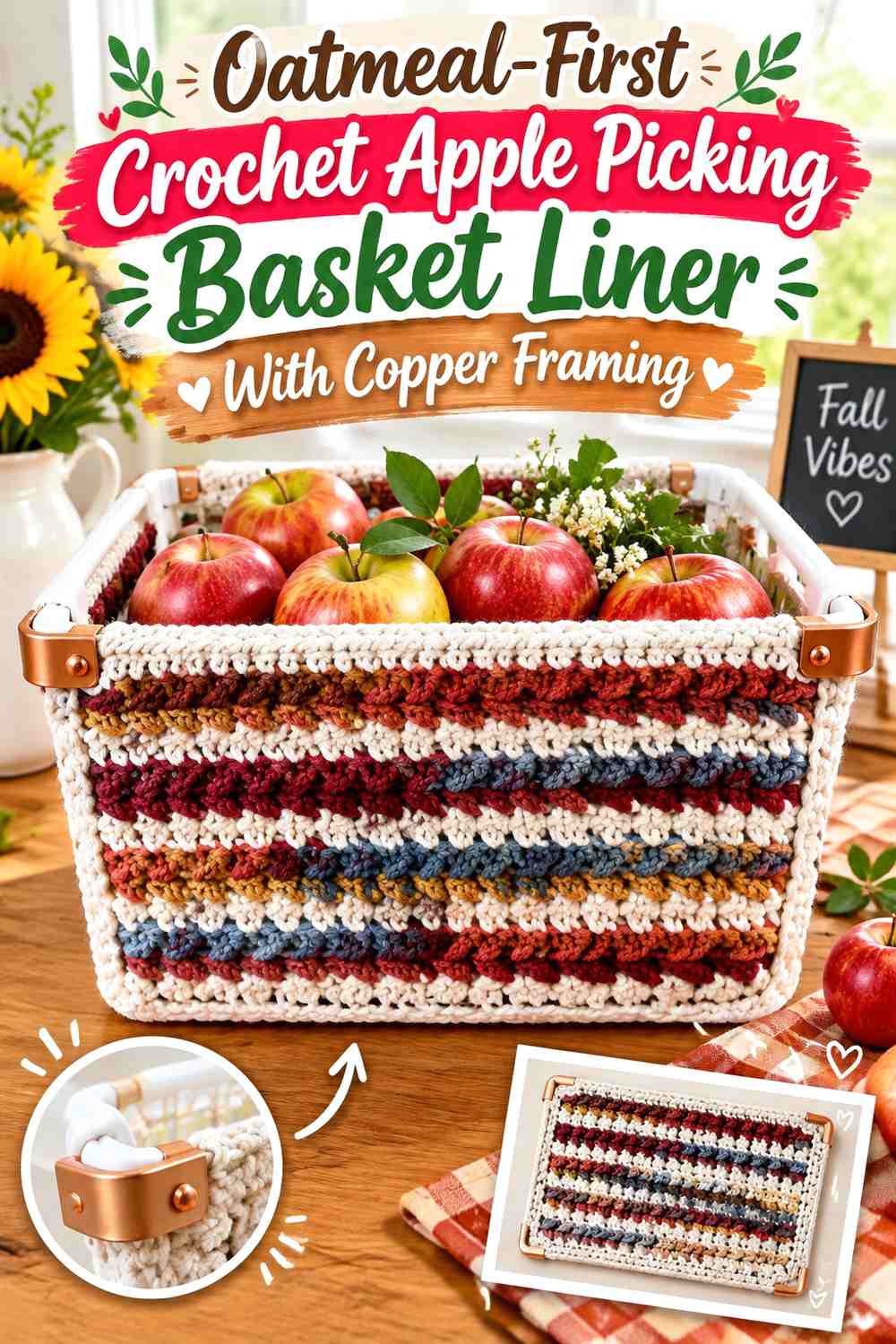 Oatmeal-First Crochet Apple Picking Basket Liner With Copper Framing